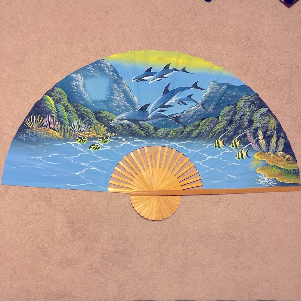 Large 60" Folding Wall Canvas Fan ‘Playing Dolphins’ Handmade Hand Painted